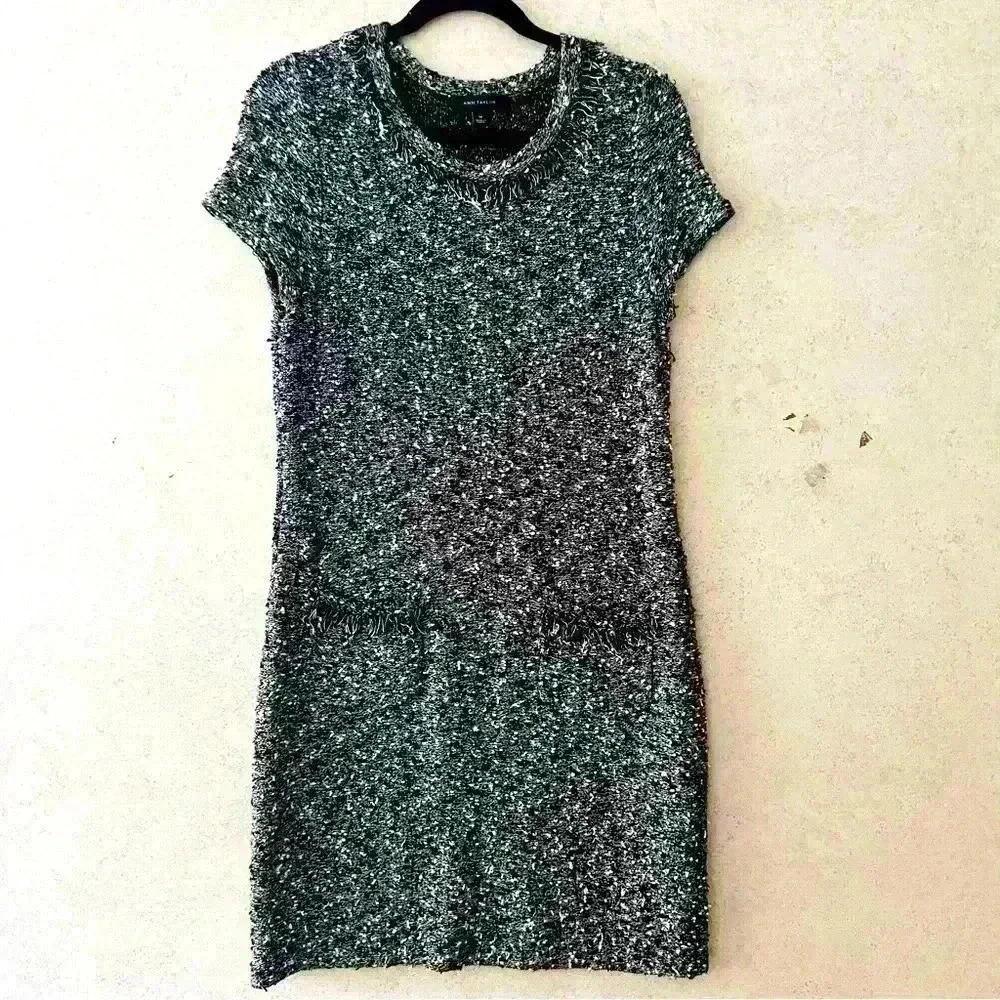 ANN TAYLOR M BLACK WHITE FRINGED TEXTURED  OFFICE WEAR STATEMENT FUN ARTSY DRESS